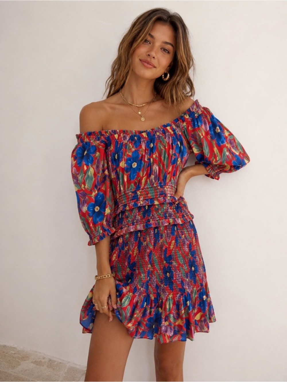 Skies Are Blue Floral Off Shoulder Smocked Mini Dress Boho Colorful Vacation L